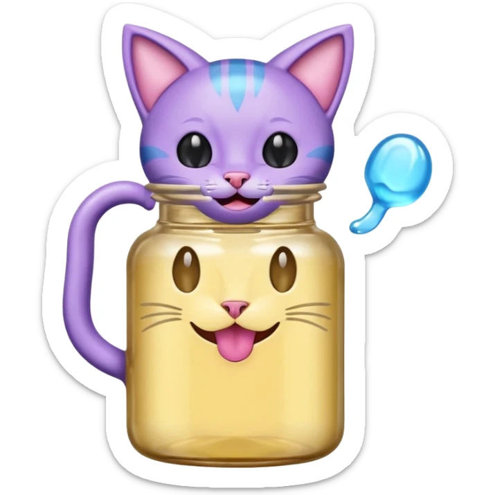 Smiling bottle of oil light purple top and light blue sticking tongue out and with cat ears sticker
