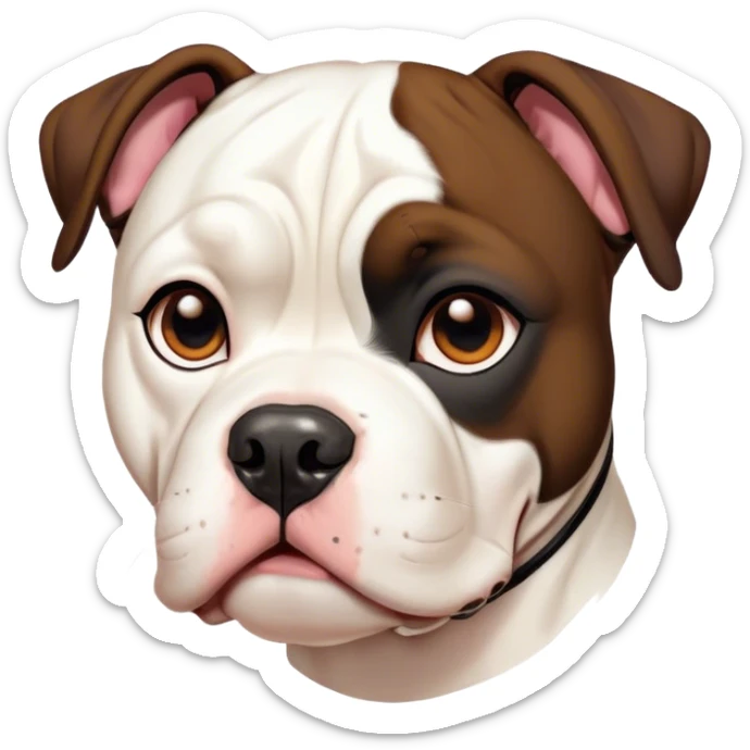 Cinematic Cute Black and White American Bulldog Portrait Emoji, Head tilted playfully and inquisitively, smooth fur with a bold black and white pattern, round, sparkling brown eyes filled with curiosity, Simplified yet irresistibly adorable features, highly detailed, glowing with a warm, friendly glow, high shine, affectionate and lively, stylized with a touch of whimsy, bright and endearing, soft glowing outline, capturing the essence of a mischievous yet loving pup, so playful it feels like it could bound out of the screen and into your arms! sticker