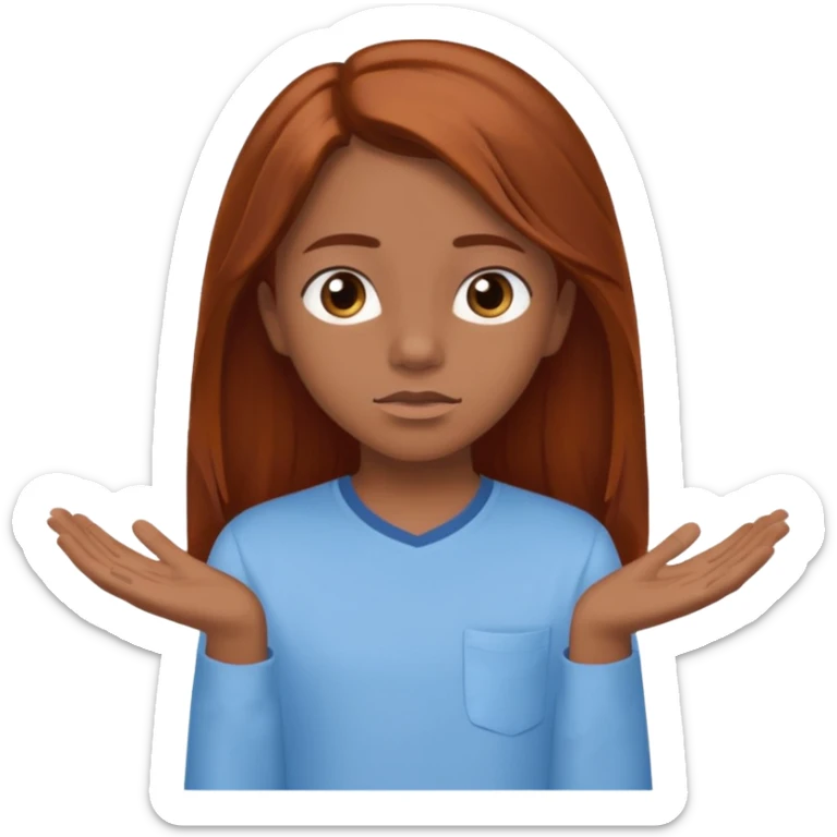 shrugging emoji brown eyed tween long auburn hair light blue shirt with a darker blue L sticker