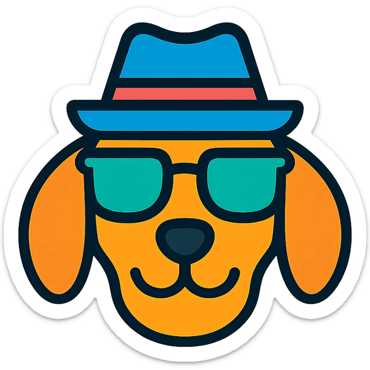dog wearing sunglasses and a hat, cartoon style with colorful outline sticker