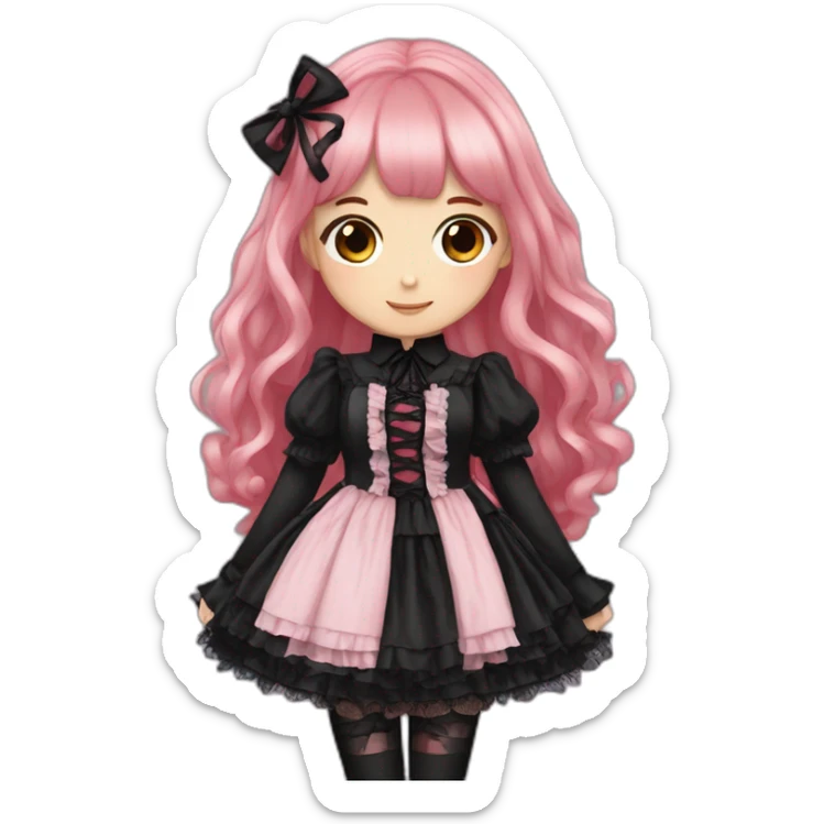 Gothic lolita pink and black, long hair, red hair and black hair, full body, Brown skins color sticker