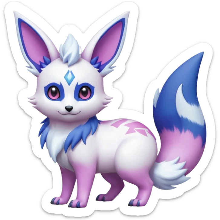 Hyper-realistic Beautiful Real life wild feral Frosty Albino Shiny White with Violet and Indigo and pink markings Eevee-Liepard-Zangoose-Pokémon-Digimon-Fakémon-fusion-hybrid-creature sticker