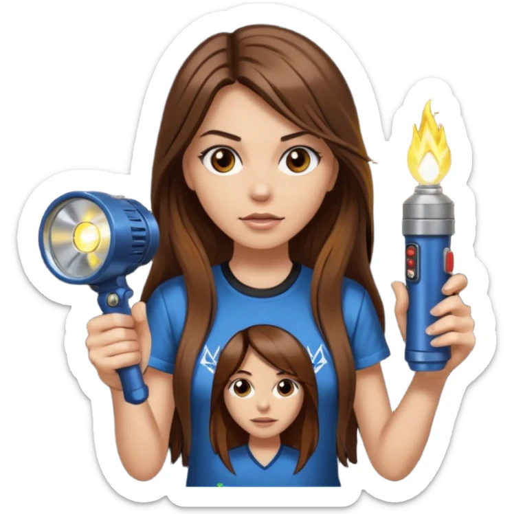 a female with long straight brown hair and brown eyes wearing a iron maiden shirt holding a flashlight  sticker