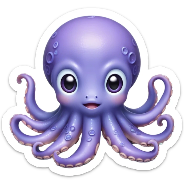 Cinematic Cute Shy Baby Octopus Portrait Emoji, Tentacles tucked slightly inward in an adorably bashful pose, featuring a softly glowing, round light blue-purple body with enormous, soulful eyes peering out timidly, Simplified yet irresistibly adorable features, highly detailed, glowing with a delicate, soothing marine radiance, high shine, quiet yet expressive, stylized with an air of gentle mystery, soft glowing outline, capturing the essence of a tiny, shy deep-sea creature that seems as if it could slowly peek out and explore the world with cautious curiosity! sticker
