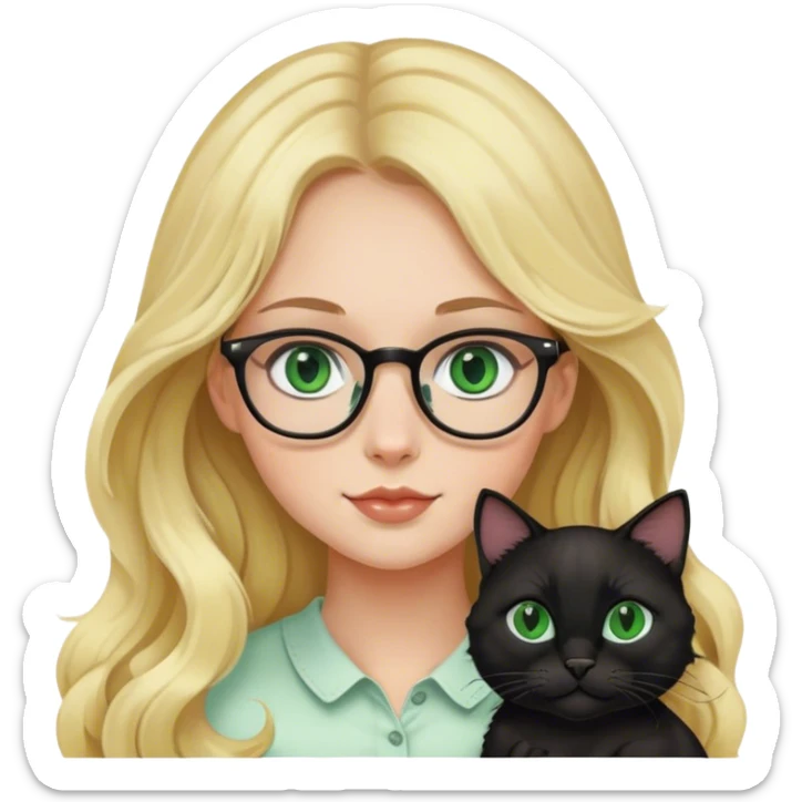 Blonde girl with glasses and long wavy hair holding a black cat with green eyes  sticker
