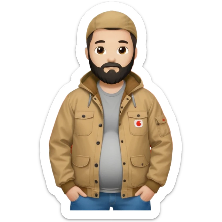 Bearded man with pregnant belly poking out of shirt wearing a tan canvas carhartt jacket next to chinese flag sticker