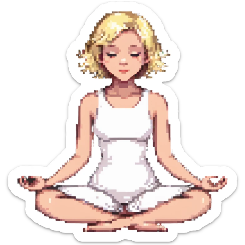 a blonde girl with a short haircut in a white dress sitting in a lotus position and meditating sticker