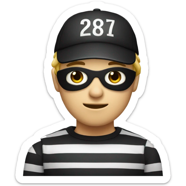 Robber emoji with blonde hair white and black striped shirt wearing a black cap a black eye mask  sticker