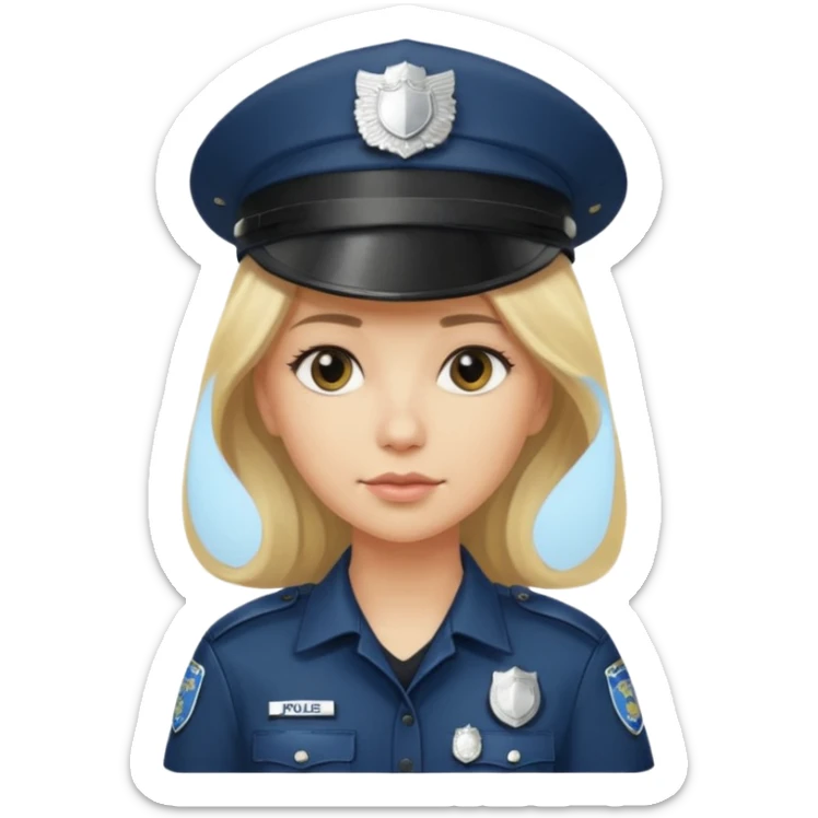 A blonde long hair woman wearing a dark police hat with a silver badge, looking straight ahead with a calm expression. sticker