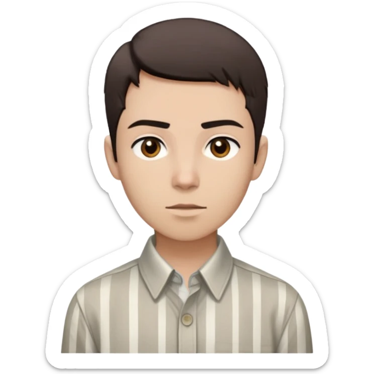 young individual with short, dark brown hair that is styled in a blunt cut on top and faded on the sides. They have light skin, dark eyebrows, and brown eyes. Their expression seems neutral, and they are looking slightly to their left. They are wearing a light-colored, long-sleeved button-down shirt with thin vertical stripes. The collar of the shirt is visible. sticker