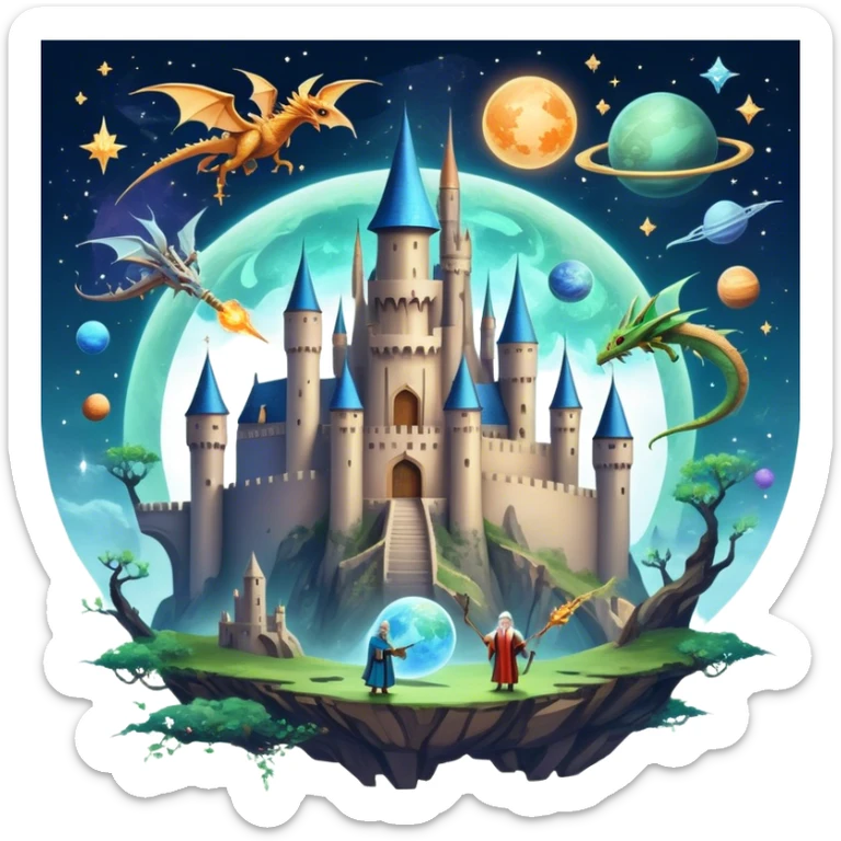 Icon for Fantasy and Sci-Fi Movies: A magical collage with flying dragons and futuristic spaceships. Stars and planets shimmer in the background with a mystical castle Hogvards and an ancient wizard holding a staff. The atmosphere is epic, otherworldly and adventurous. Transparent background. sticker
