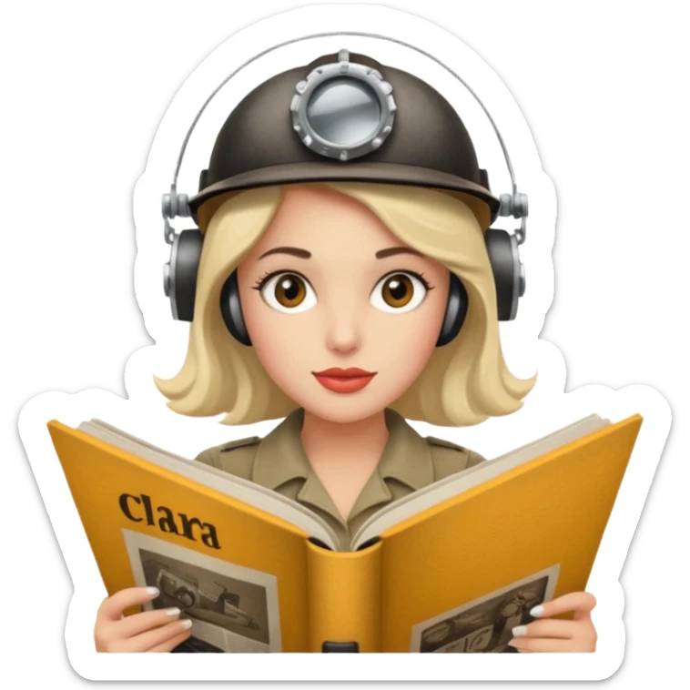 Emoji de mujer con casco secador, pelo recogido, rulos y leyendo revista, estilo vintage chic sticker