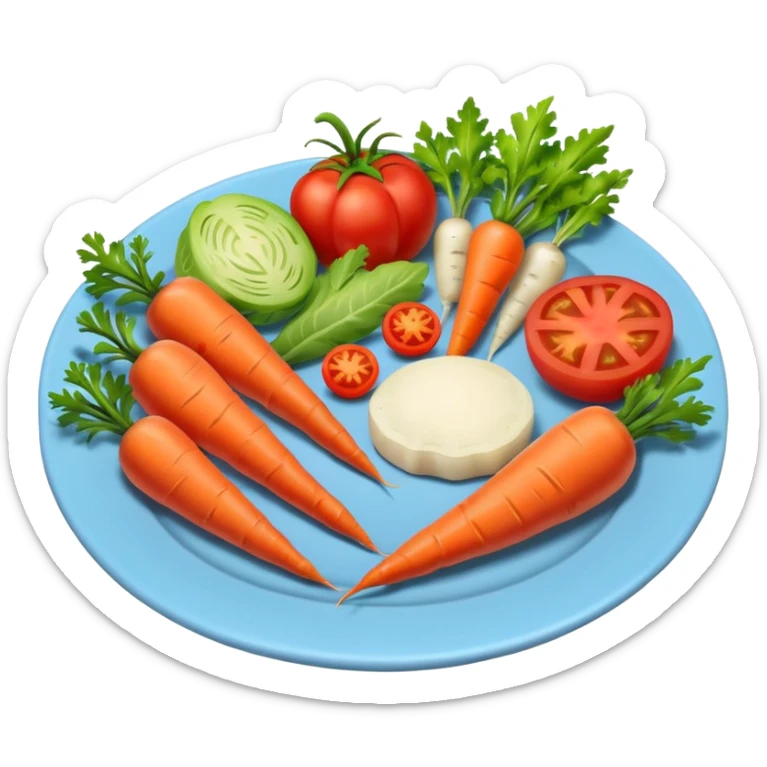 a plate of food with meat and vegetable and carot and tomato sticker