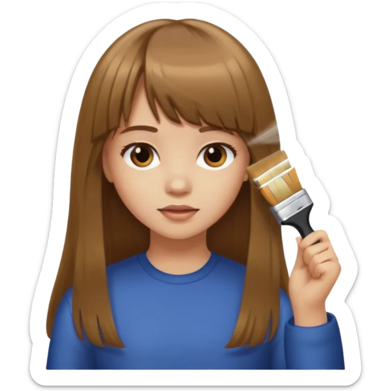 a girl with light skin and medium brown long hair with bangs who is brushing her hair sticker