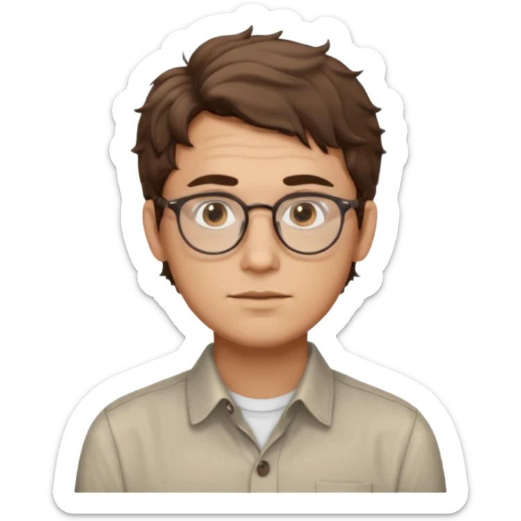 male Slim, slightly oval face, light skin.
Medium-length brown wavy hair, slightly messy.
Brown eyes, round eyeglasses.
Soft, calm expression.
No beard or very light stubble. sticker