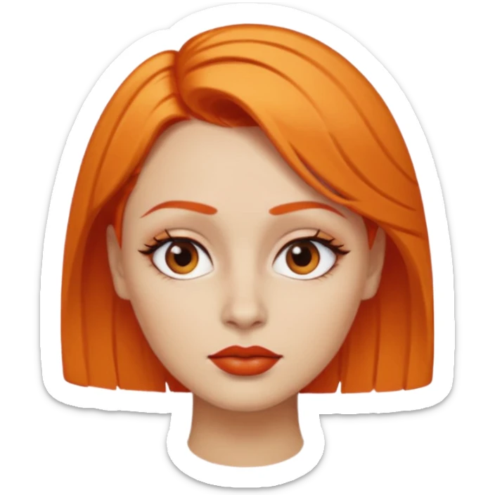 A person emoji with light skin, short orange hair swept to one side, matching orange eyebrows, brown eyes, an oval-shaped face, a small nose, and dark lipstick. sticker
