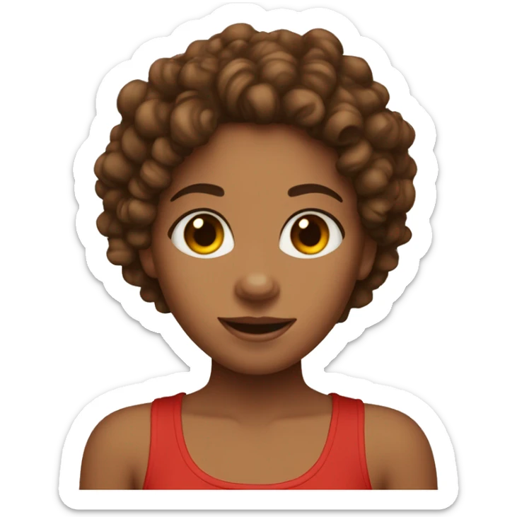 Tan girl with curly brown hair, brown eyes, hoop earrings, and a red tank top sticker