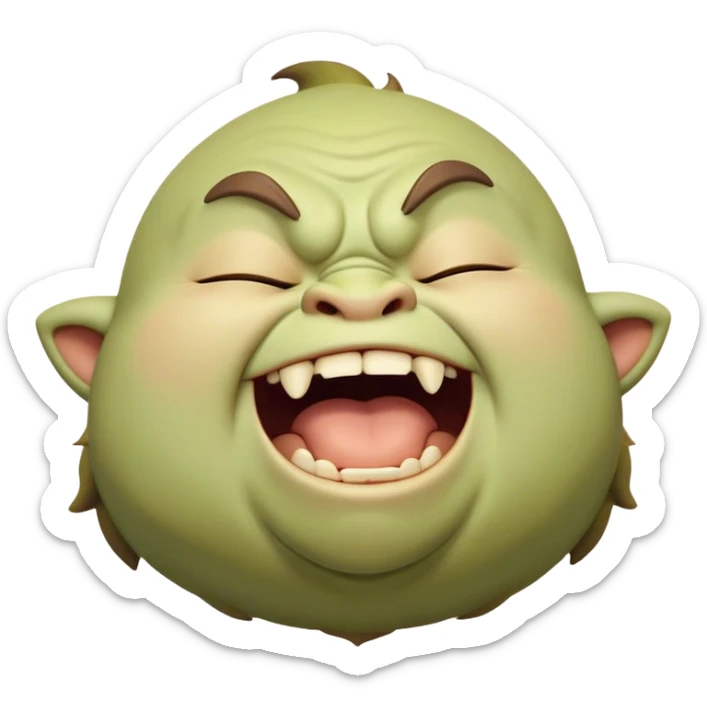 Cinematic Cute Yawning Ogre Portrait Emoji, with a surprisingly cuddly, rotund figure in soft earthy greens and browns, head tilted back in a big, gentle yawn exposing a set of comically oversized teeth, simplified yet irresistibly adorable, highly detailed with a soft glowing outline that captures the sleepy charm of a friendly ogre after a long day of gentle mischief! sticker