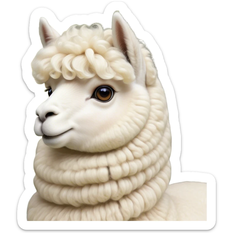 Cinematic Noble Cream Alpaca Portrait Emoji, Poised and regal, with a graceful, sturdy build and a luxuriously soft, well-groomed cream fleece, deep-set soulful gentle eyes, Simplified yet sharp and sophisticated features, highly detailed, glowing with a soft, dignified glow, high shine, intelligent and serene, stylized with an air of pastoral elegance, focused and attentive, soft glowing outline, capturing the essence of a watchful and confident companion, so majestic it feels as though it could stride out of the screen with effortless authority! sticker