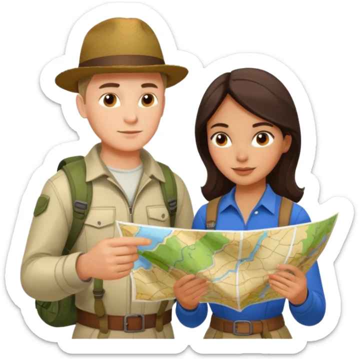 Russian man and elegant Latina girl in adventure outfits with a map planning plants sticker