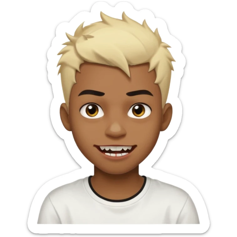 Black Male Teenager with Short punk messy blonde hair, Dark brown bushy eyebrows large expressive golden-brown eyes, wearing a plain white t-shirt, Dark Brown skin color. vampire tooth sticker