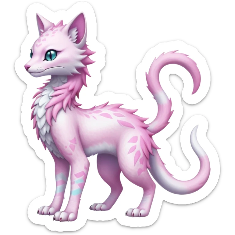 Kawaii white iridescent beautiful pretty elegant divine edgy fantasy feline-vernid-sergal-fursona animal creature with a tufted tail full body with intricate markings  sticker