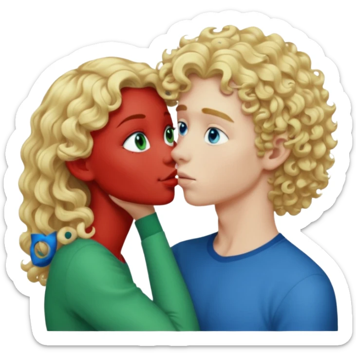 Tall curly blonde girl blue eyes pale kissing bold boy with green eyes sticker