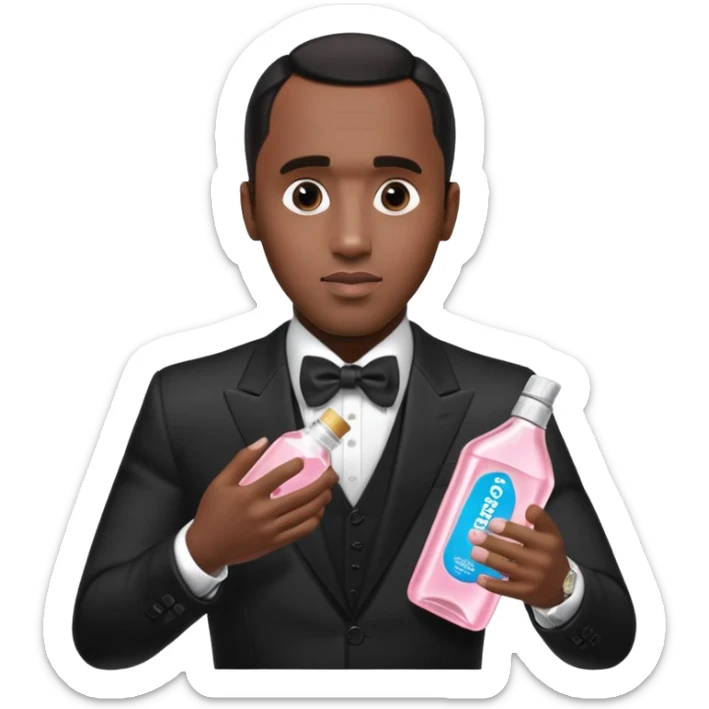 A realistic product shot of a transparent bottle of Johnson’s Baby Oil by Johnson & Johnson, featuring a soft pink label. The oil inside is crystal clear and glossy. Sean "Diddy" Combs in black suit is holding the bottle sticker
