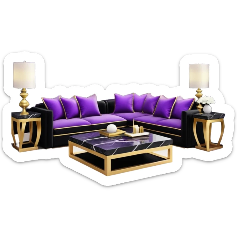 Luxurious black marble living room with gold and white accents and with a purple accented pillow  sticker