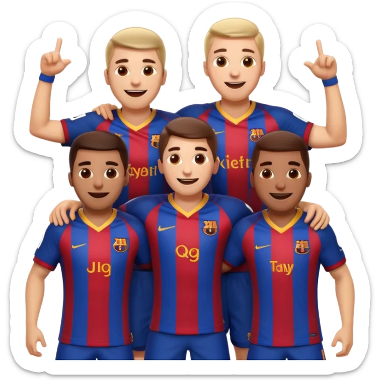 apple style emoji of a group of Barcelona football players as a squad celebrating together with energetic poses sticker