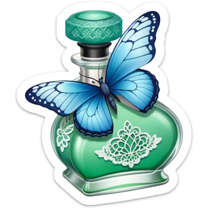 A single delicate blue butterfly resting on the edge of a lace-trimmed green  perfume bottle.
 sticker