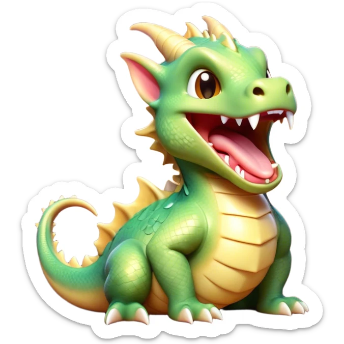 Cinematic Cute Yawning Dragon Portrait Emoji, Head tilted slightly with a dramatic, wide-open yawn, showcasing a soft, lustrous scaled body with gently drooping fins and half-closed, drowsy eyes, each scale rendered in exquisite detail under natural light; high shine, relaxed yet expressive, styled with a dash of fantastical charm, soft glowing outline, capturing the essence of a sleepy yet affectionate dragon that appears ready to stretch out and rest in its enchanted lair! sticker