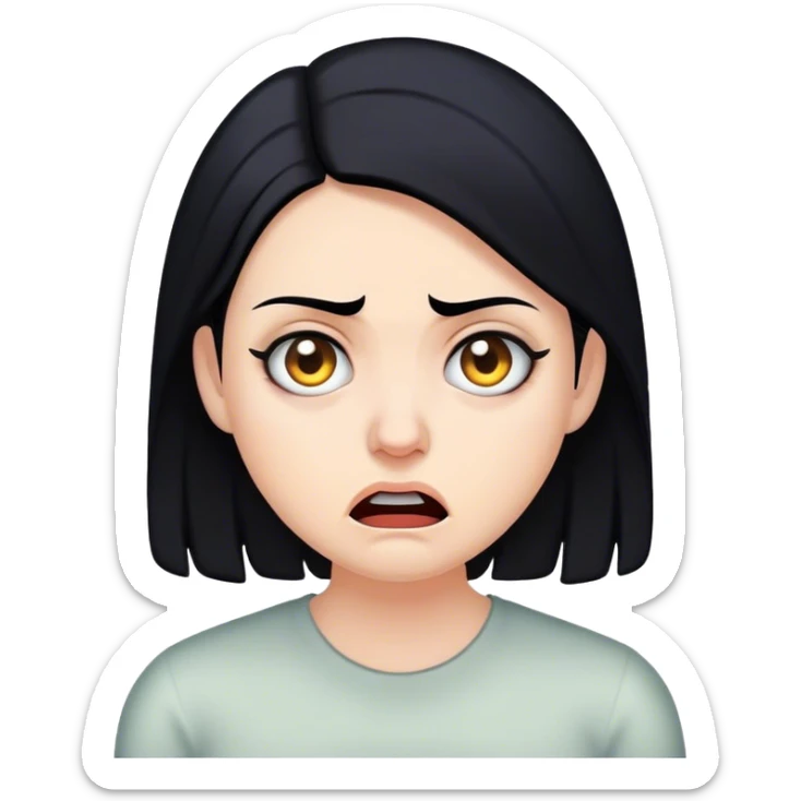 white woman black hair with face of fear, and disgust sticker
