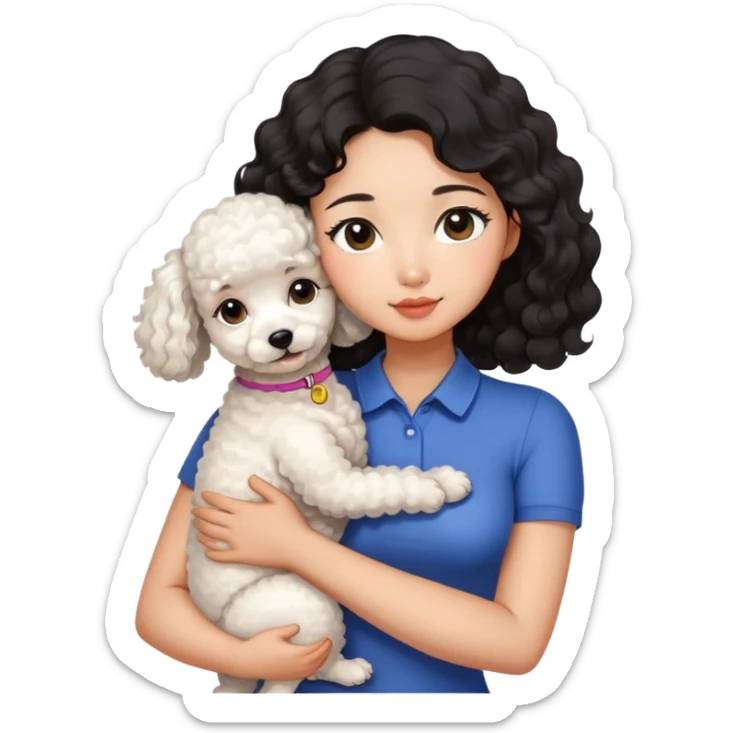 Asian girl with slim figure, small face, big eyes, wavy black hair, wearing a bodycon shirt is hugging a slightly fat white poodle sticker