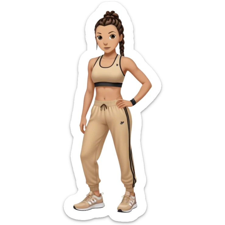 Melanie chisholm with dark brown french braids, wearing a sports bra and track pants with sneakers sticker