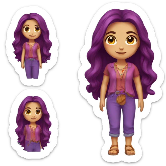Woman 50 years,  red-purple MIDI long hair, a little hippie, beautiful honey eyes sticker