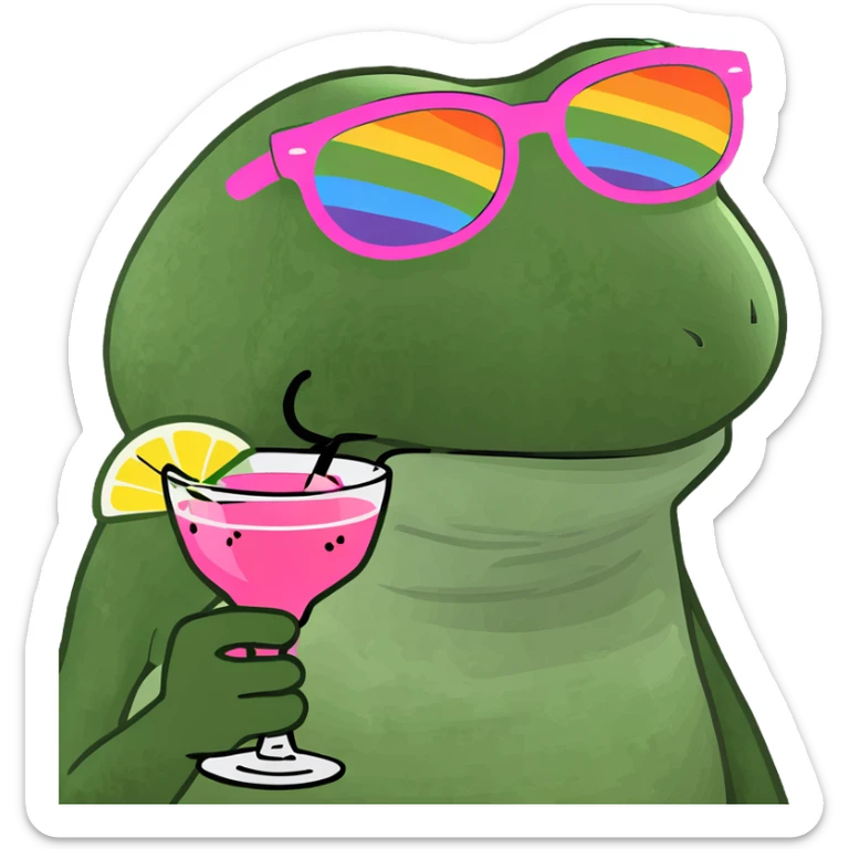 Bufo frog with pink sunglasses, holding a rainbow cocktail, in bufo style, transparent background sticker