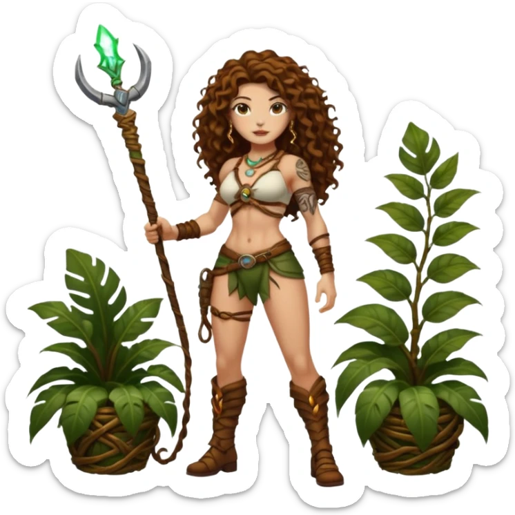 full body woman long curly brown hair brown eyes white skin tattoos muscular build jungle treasure hunter outfit, vine whip, glowing relic sticker