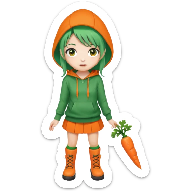 cute green-haired girl with orange eyes, wearing an orange hoodie, green skirt, orange knee socks, and green boots, with a small carrot accessory on her head, big expressive eyes, simple emoji face, round head, clean vector style sticker