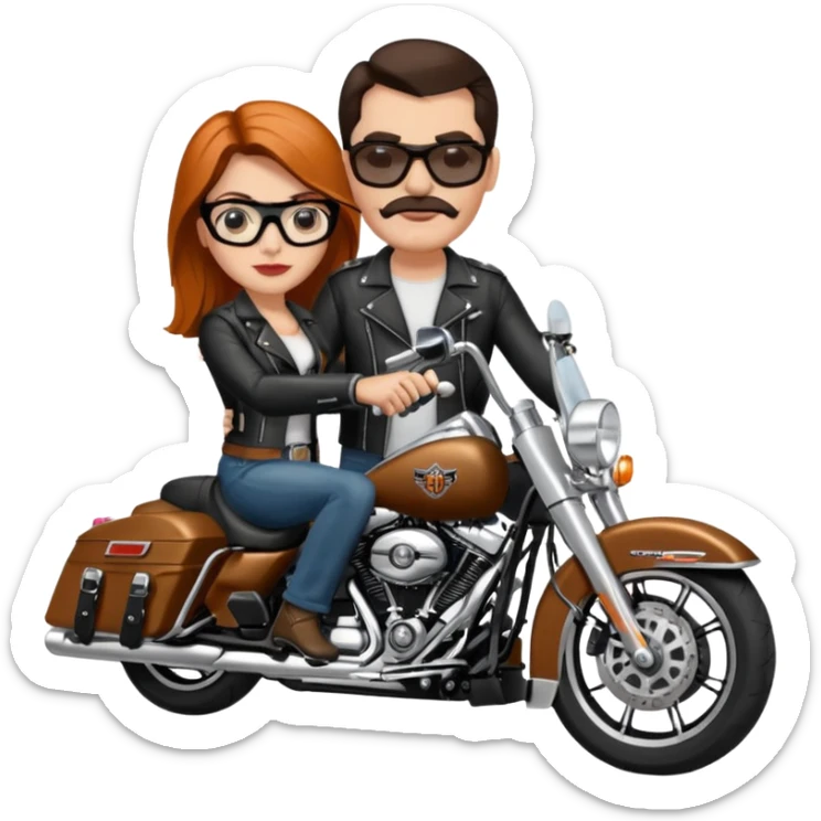 Un couple de biker sur une harley road king noire, l'homme n'a pas de moustache et une paire de lunettes demetz ros21, la fille a des cheveux plus dans les tons chatain sticker