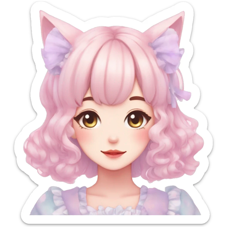 Gorgeous pastel anime style lady with blushing face and cat ears cottagecore fairycore pastelcore colorful pearly romantic simplistic aesthetic trending style sticker