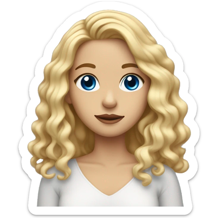 blonde girl with shoulder length wavy hair and blue eyes hand on face sticker