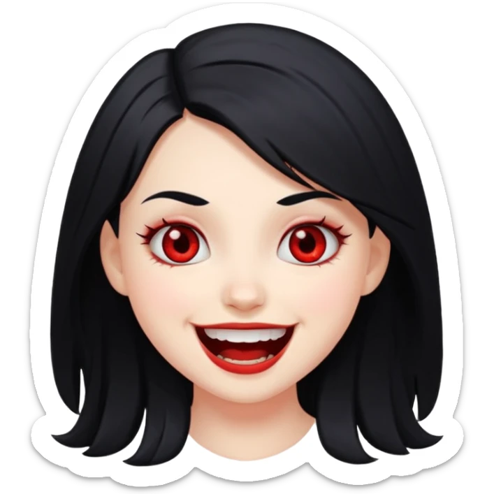 white girl with black hair and red eyes, cute face, scary face laughing sticker