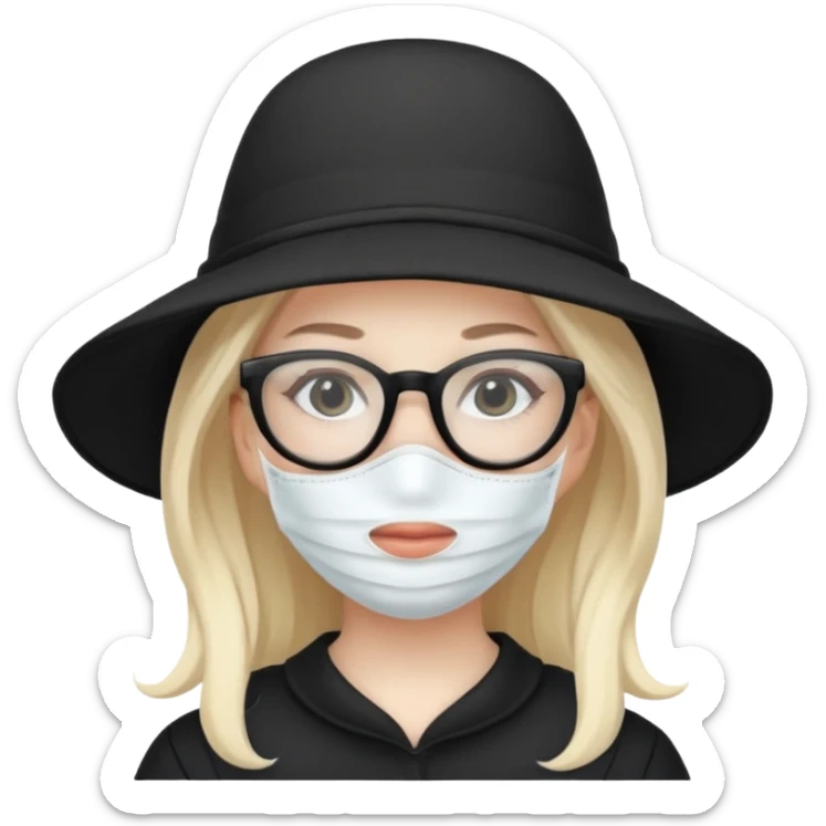 White girl with a white facial mask on, glasses and a black bonnett sticker