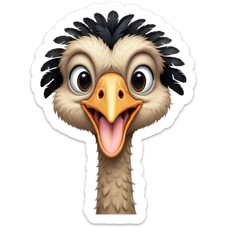 A cute cartoon adult male ostrich standing with black feathers. Mouth open. sticker