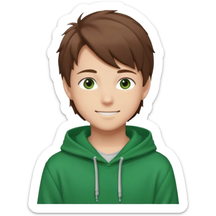 the face of an Anime teen boy with brown hair, green eyes, looking smiling slightly sideways positioned. Face must be main filling of the emoji. A little piece of hoodie can be visible. 128px sticker