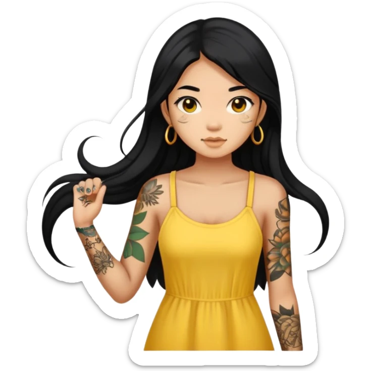 Beautiful Asian girl with long black hair and body tattoos wearing a yellow sundress sticker