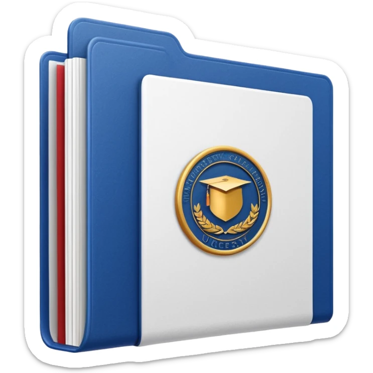 A simple emoji-style icon of a white textured paper folder, clean and formal, with sharp edges, minimal shading, and an embossed university degree/certification seal on the front, conveying academic achievement and official records. white white white  sticker