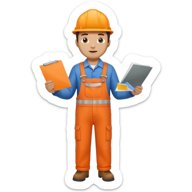 railway engineer full body in orange overalls, carrying a piece of paper with both hands in front of him sticker