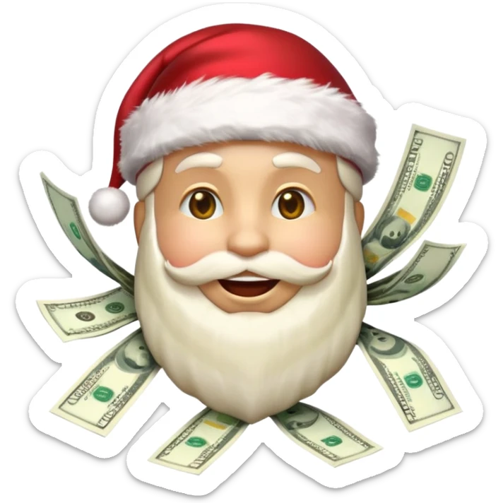 A rich happy emoji face in Santa hat, covered in money, cash stacks and flying dollar bills, Christmas mood, New Year festive style, glossy 3D emoji, vibrant colors, high detail, no text, isolated, transparent background sticker